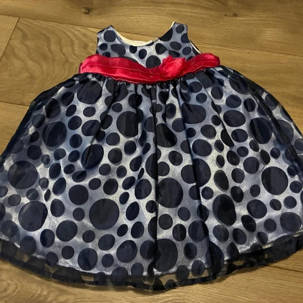 Cherokee Polka Dot Dress Baby Girl 12M Navy Blue NEW Red Bow Special Occasion